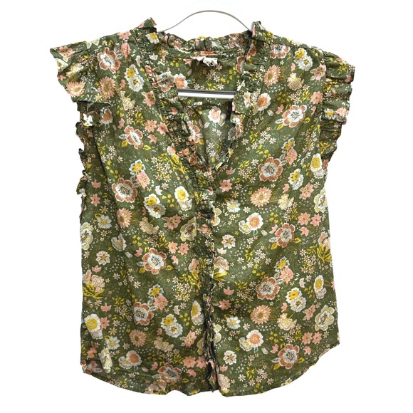 Elan Floral Ruffle Trim Sleeveless Top Blouse Size S Green Pink White - Picture 1 of 6
